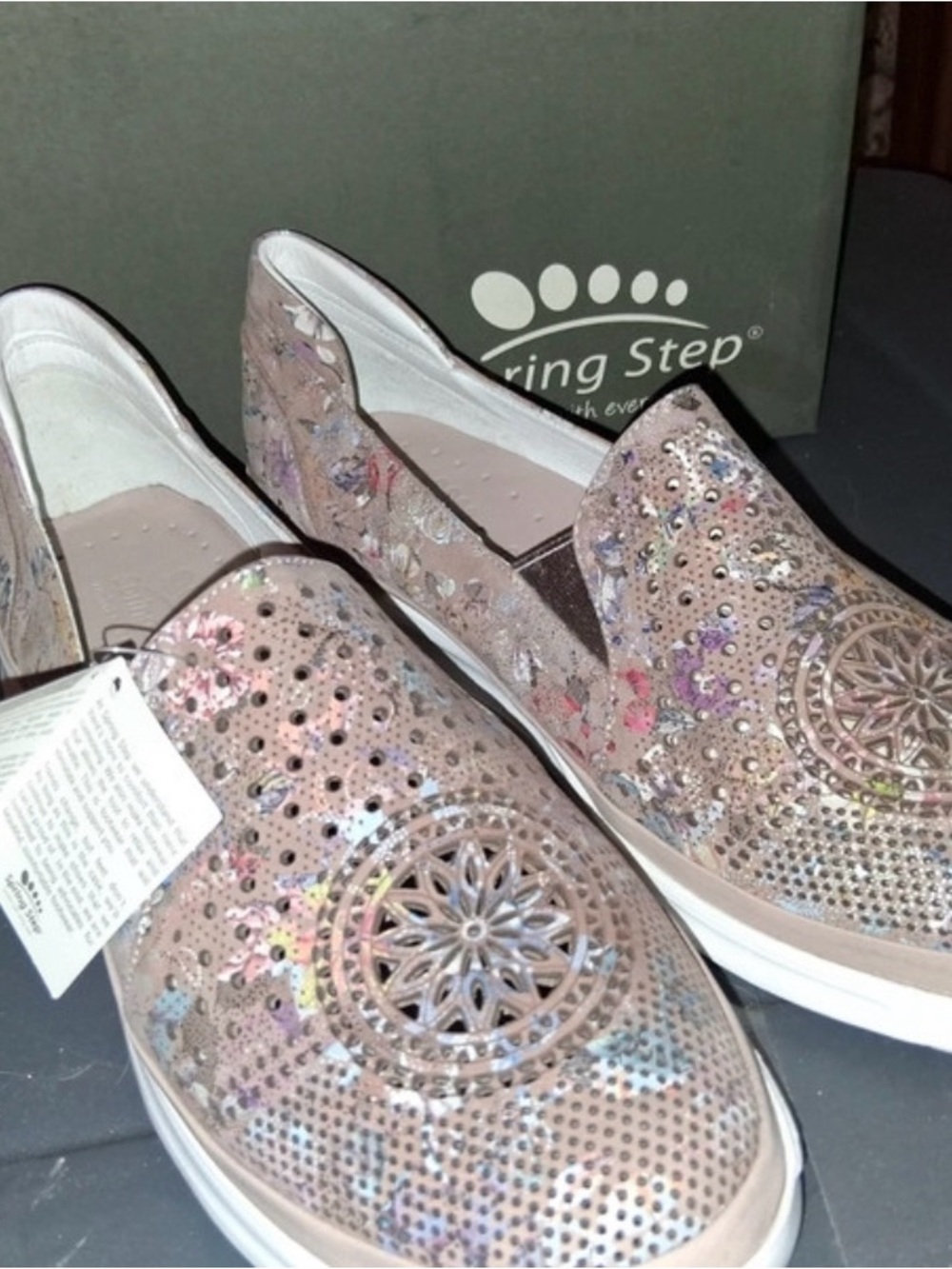 Spring Step Beige Floral-Accent Slip-On Moccasins